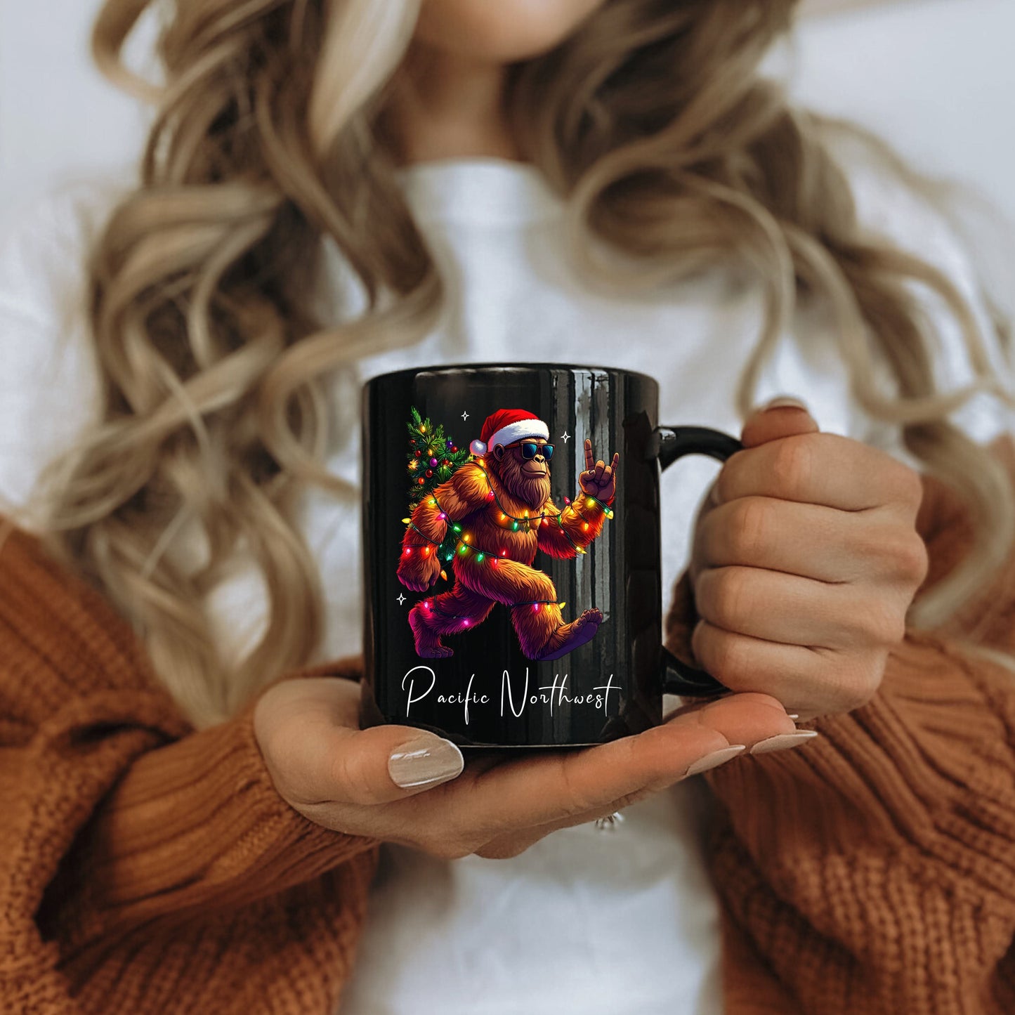 Pacific Northwest Bigfoot Santa, Black Mug (11oz, 15oz)