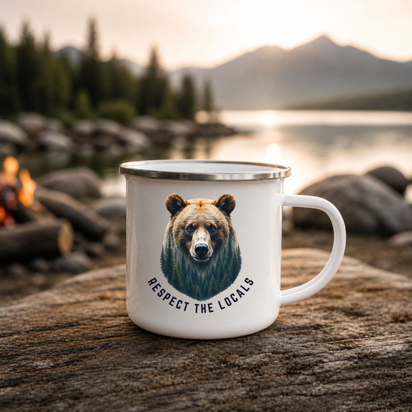 Respect the Locals Bear Camping Mug | Wildlife Enamel Camp Cup