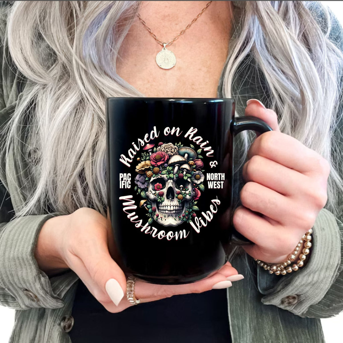 Raised on Rain & Mushroom Vibes Mug | Pacific Northwest Skull Coffee Mug