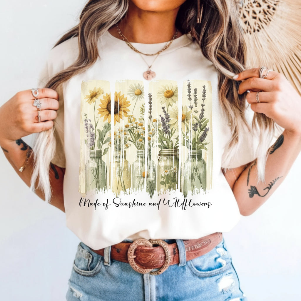 Person wearing a white shirt with floral design and text.