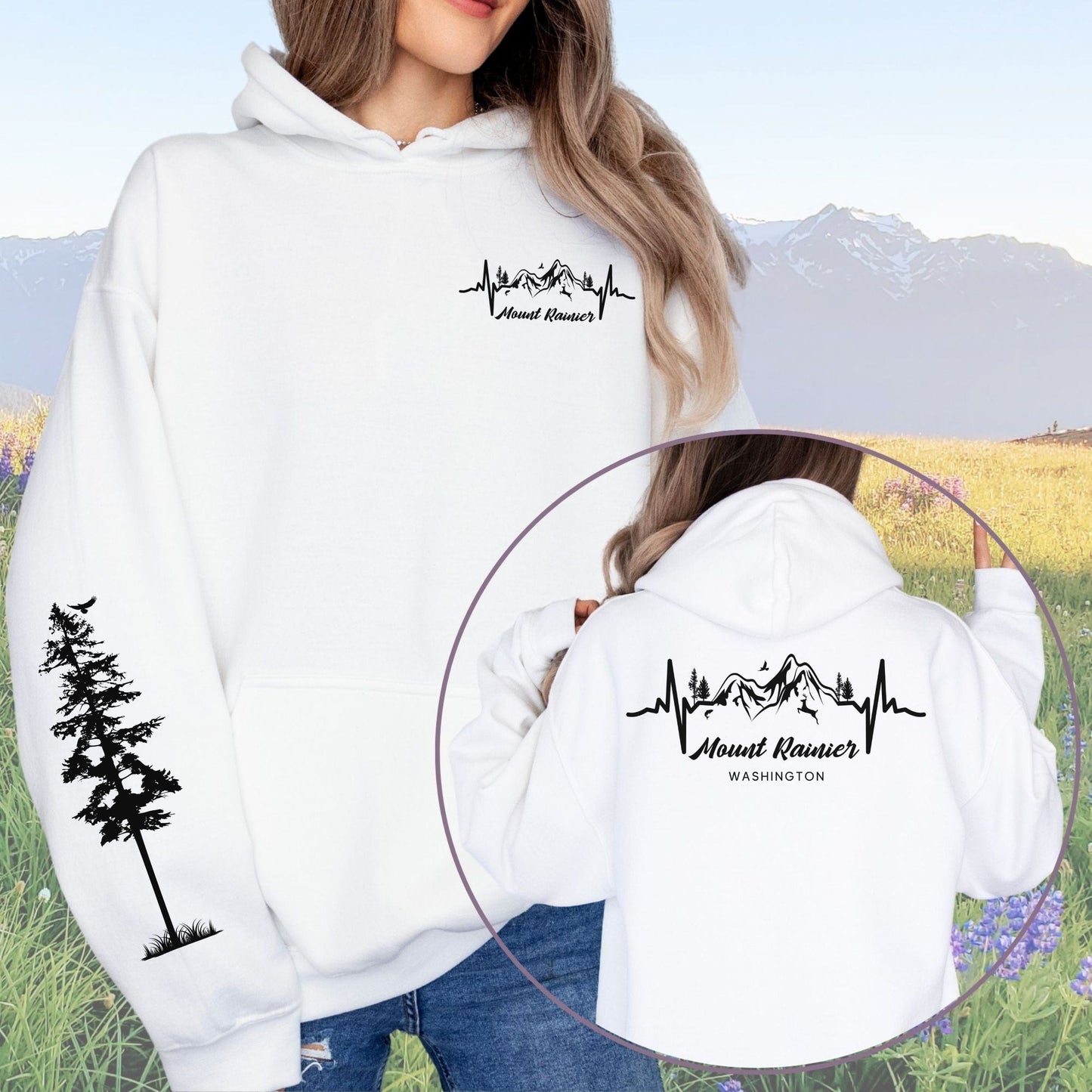 Mount Rainier Heartbeat with Pine Tree Sleeve, Softstyle Hoodie