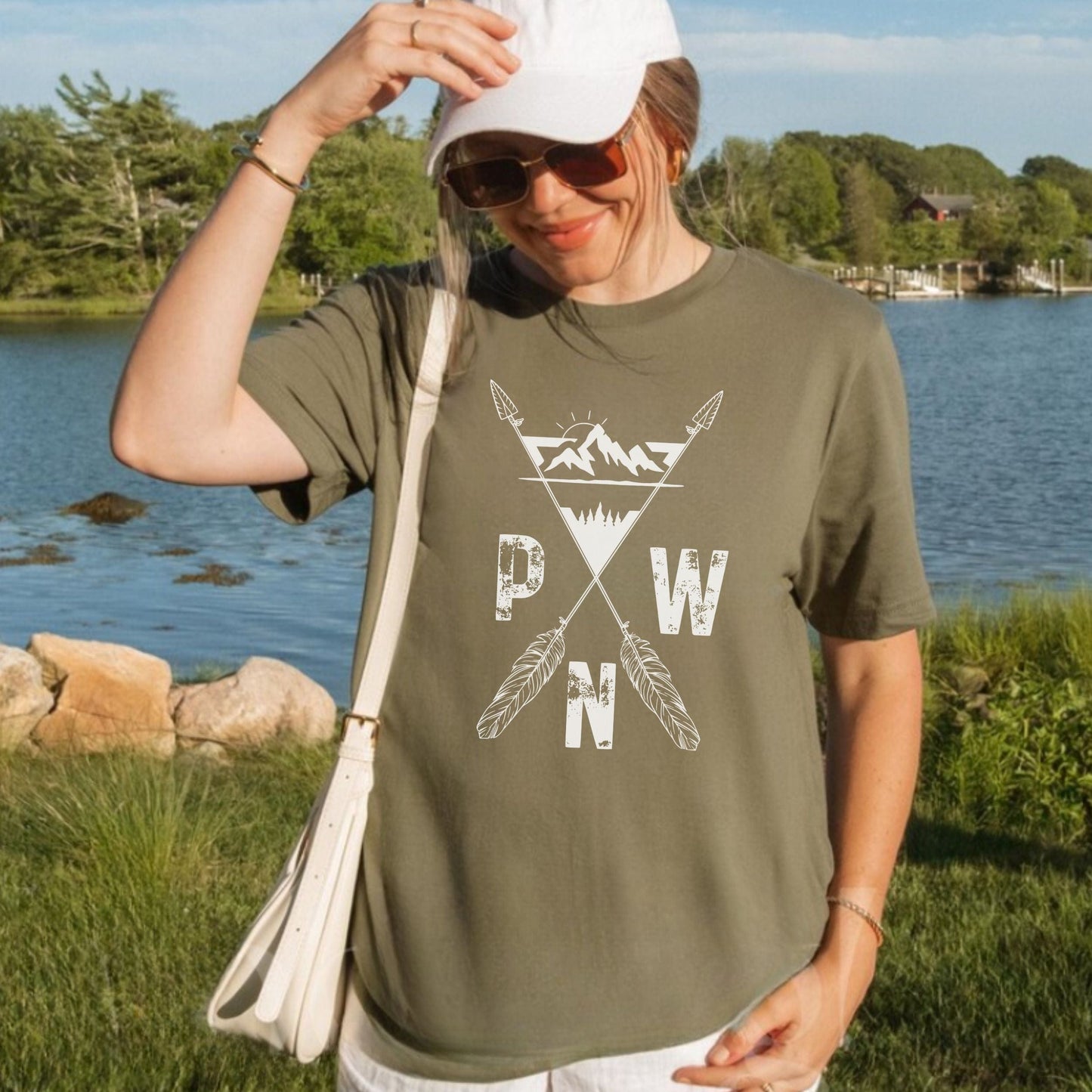 PNW Arrows and Mountains Hiking Softstyle Tee in White Letters