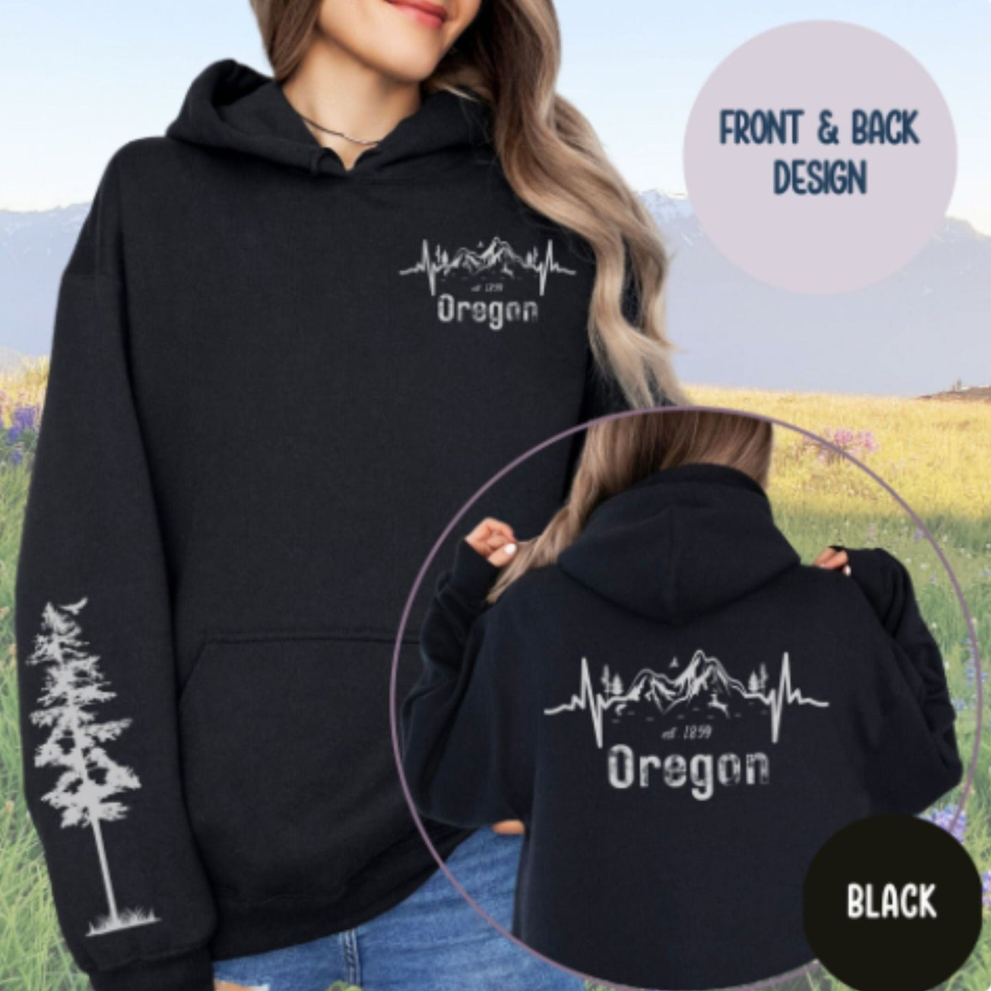 Black hoodie with front and back designs of 'Oregon' and a tree, worn by a person outdoors.