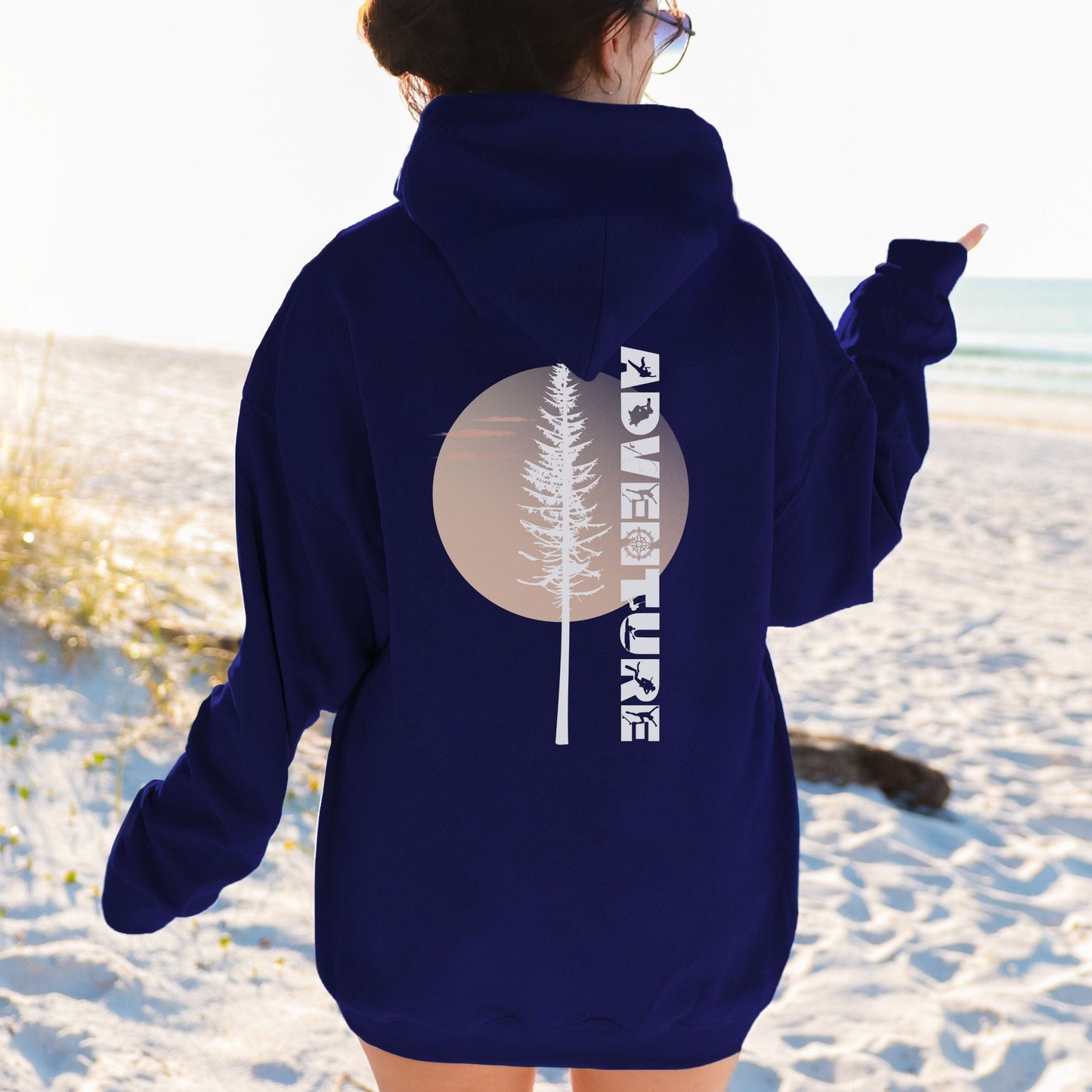 Pine Tree Adventure Hoodie - Pocket & Back Design, Softstyle Hoodie