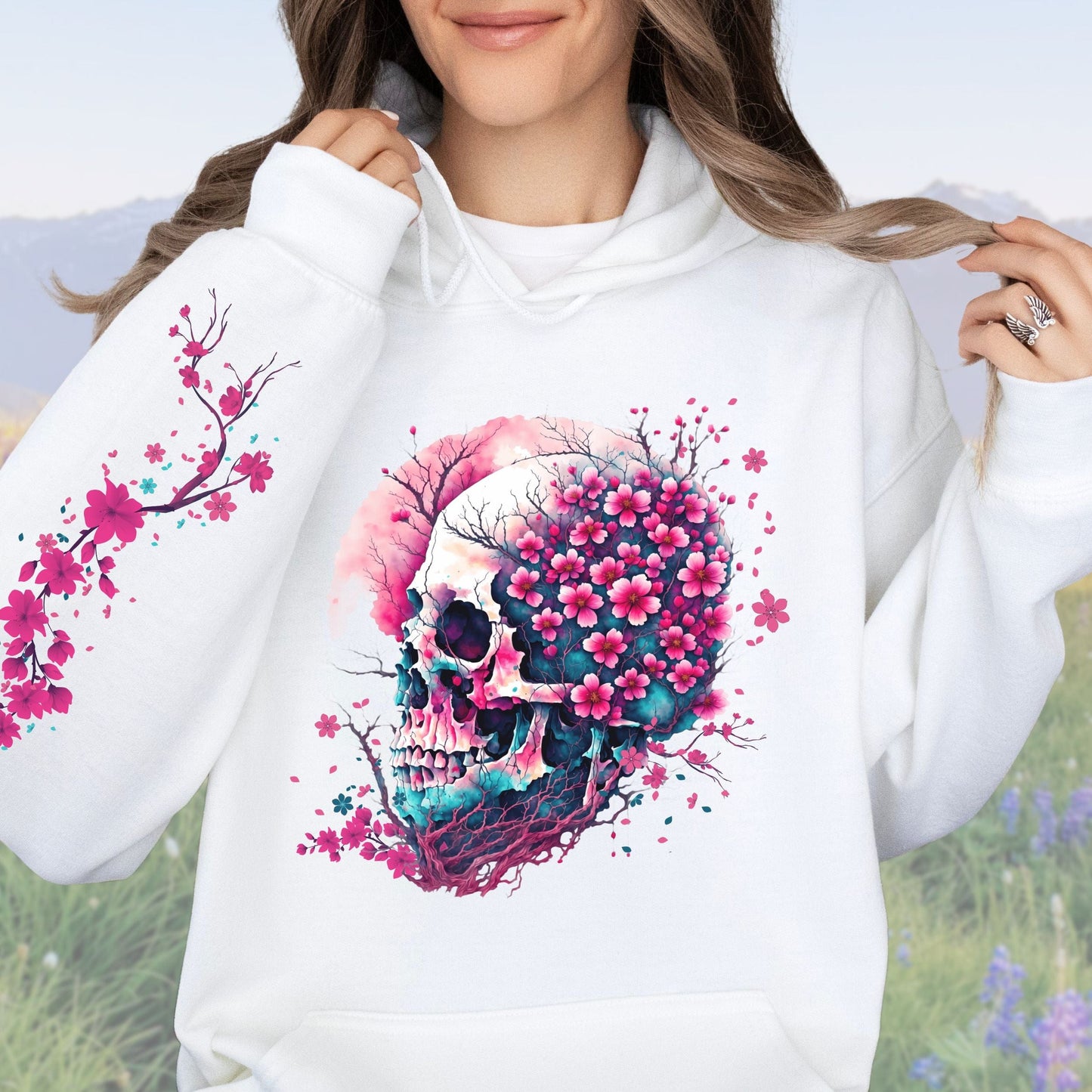Cherry Blossom Skull with Sleeve Design, Softstyle Hoodie