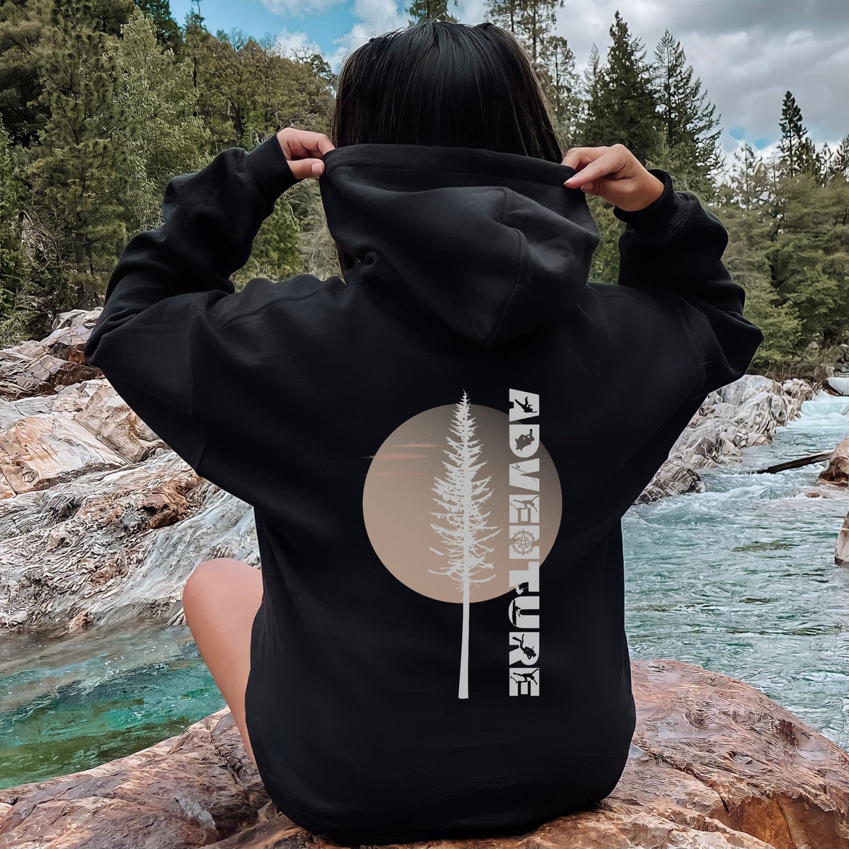 Adventure Back Print Hoodie | Pine Tree Sunset Outdoor Sweatshirt