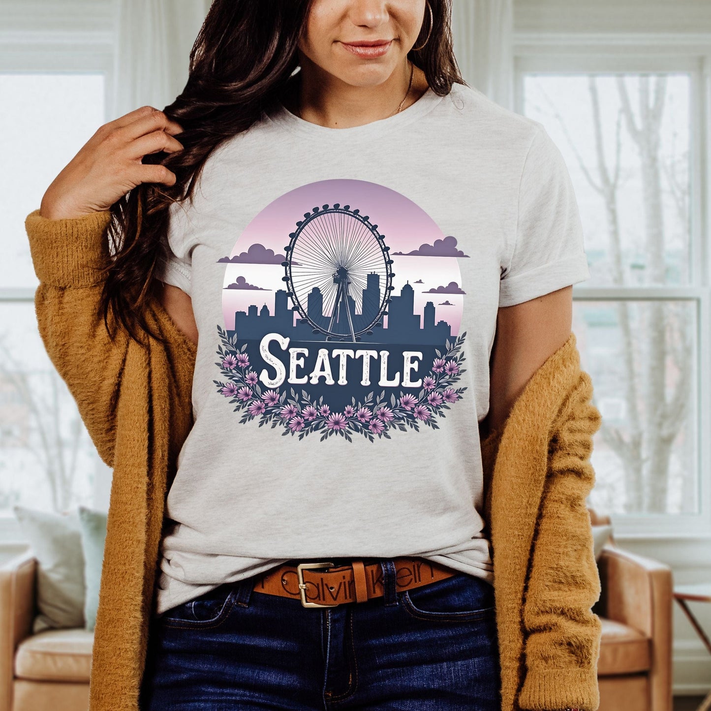 Seattle Great Wheel Floral Graphic Tee | PNW Skyline Shirt