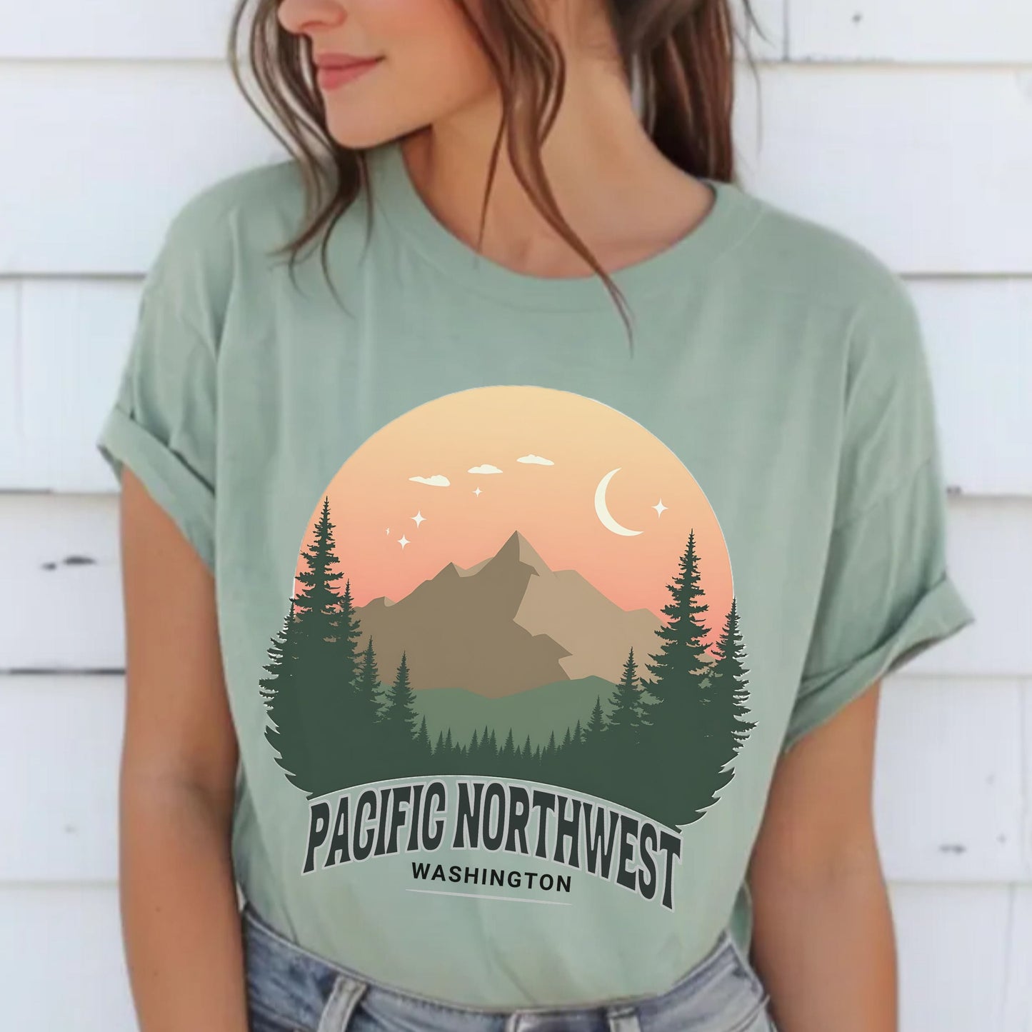 Retro PNW Mountain Sunset Graphic Tee | Soft Hiking Shirt