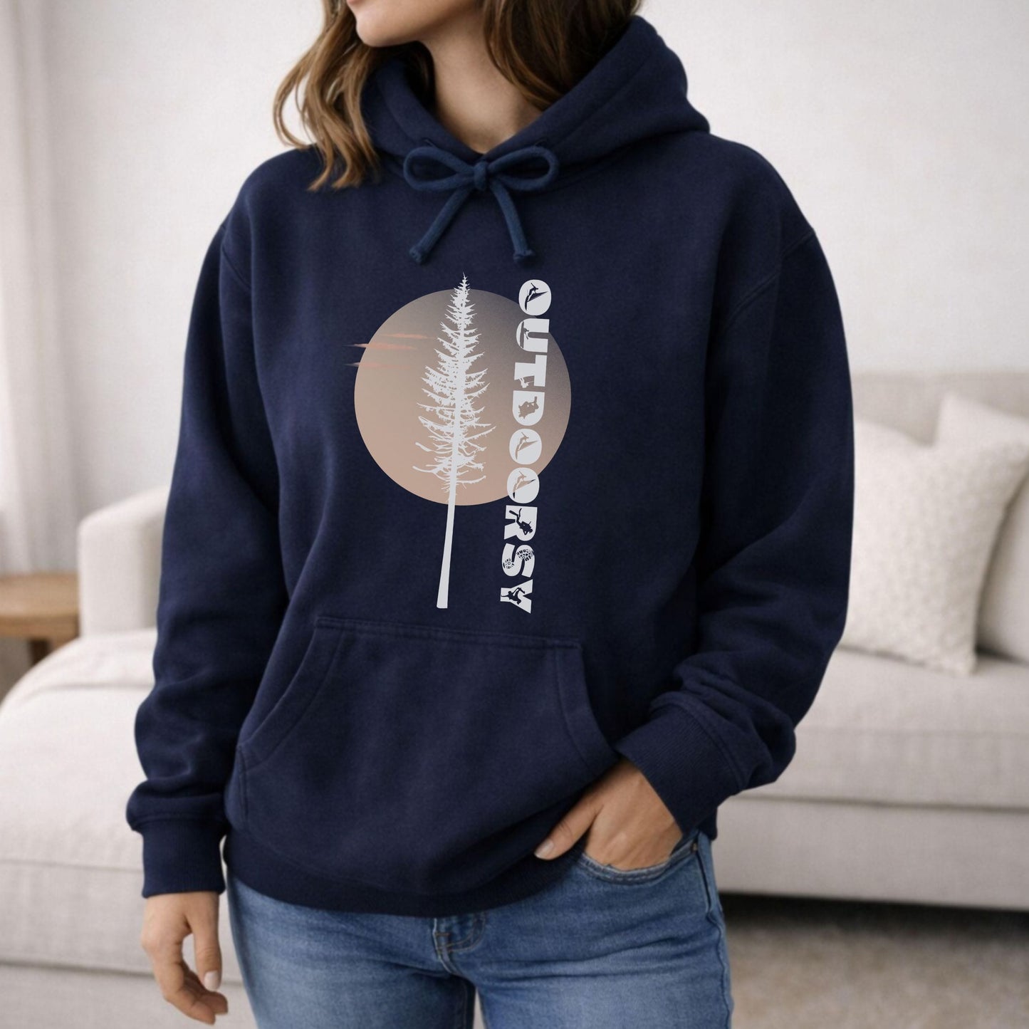 Outdoorsy Pine Tree Sunrise Comfort Colors Hoodie | Vintage Wash Nature Sweatshirt