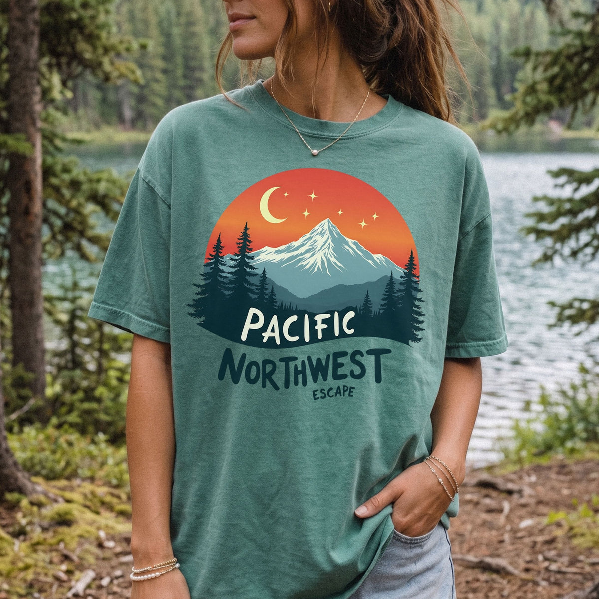 PNW Celestial Mountain Graphic Tee | Retro Outdoorsy T-Shirt