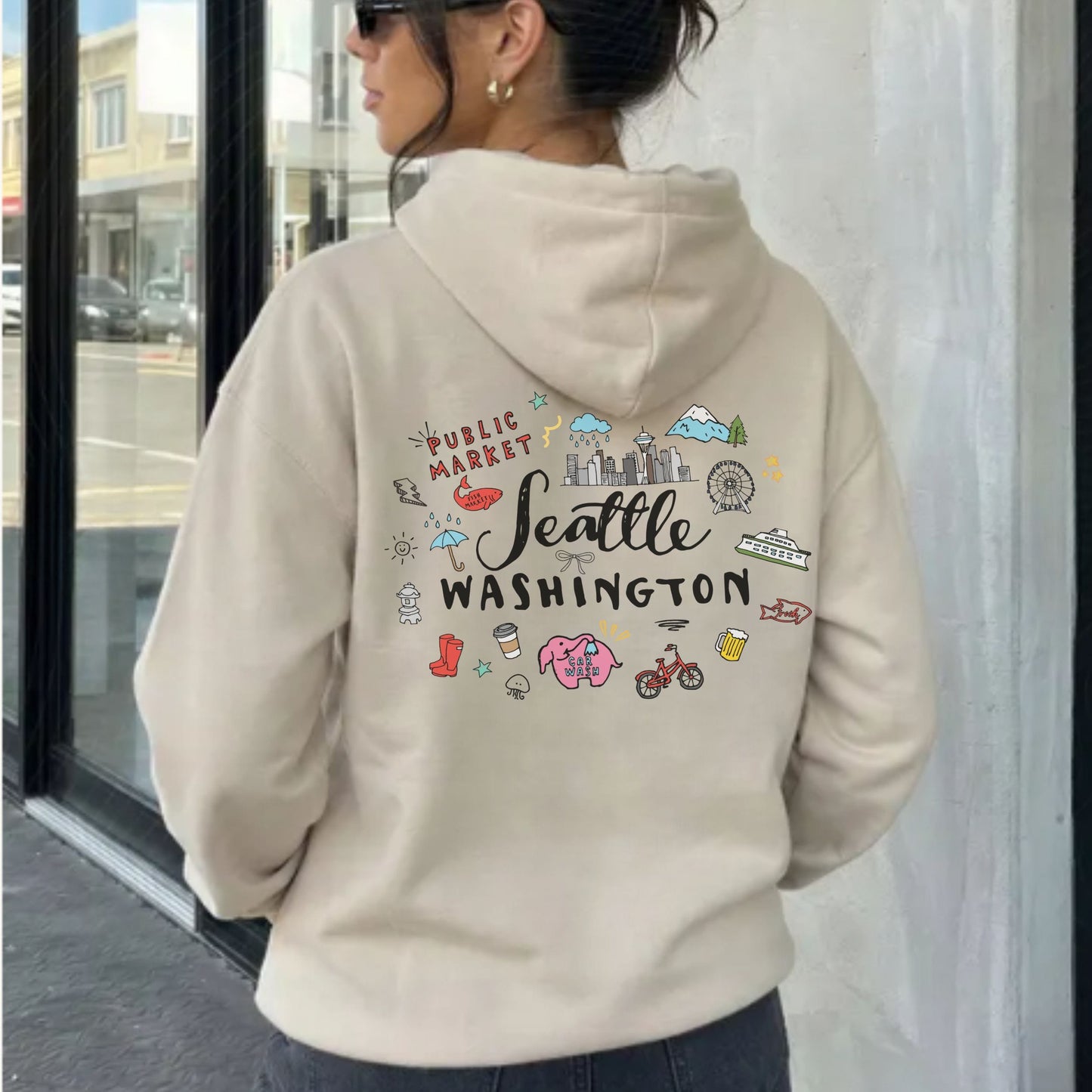 Seattle Washington Vacation Souvenir Hoodie | 2-Sided Graphic Travel Pullover