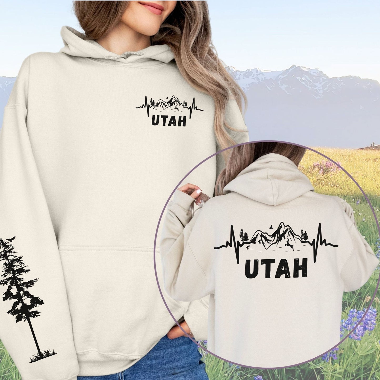 Utah Heartbeat Mountain Sleeve Print Hoodie - Retro Nature Pulse Sweatshirt
