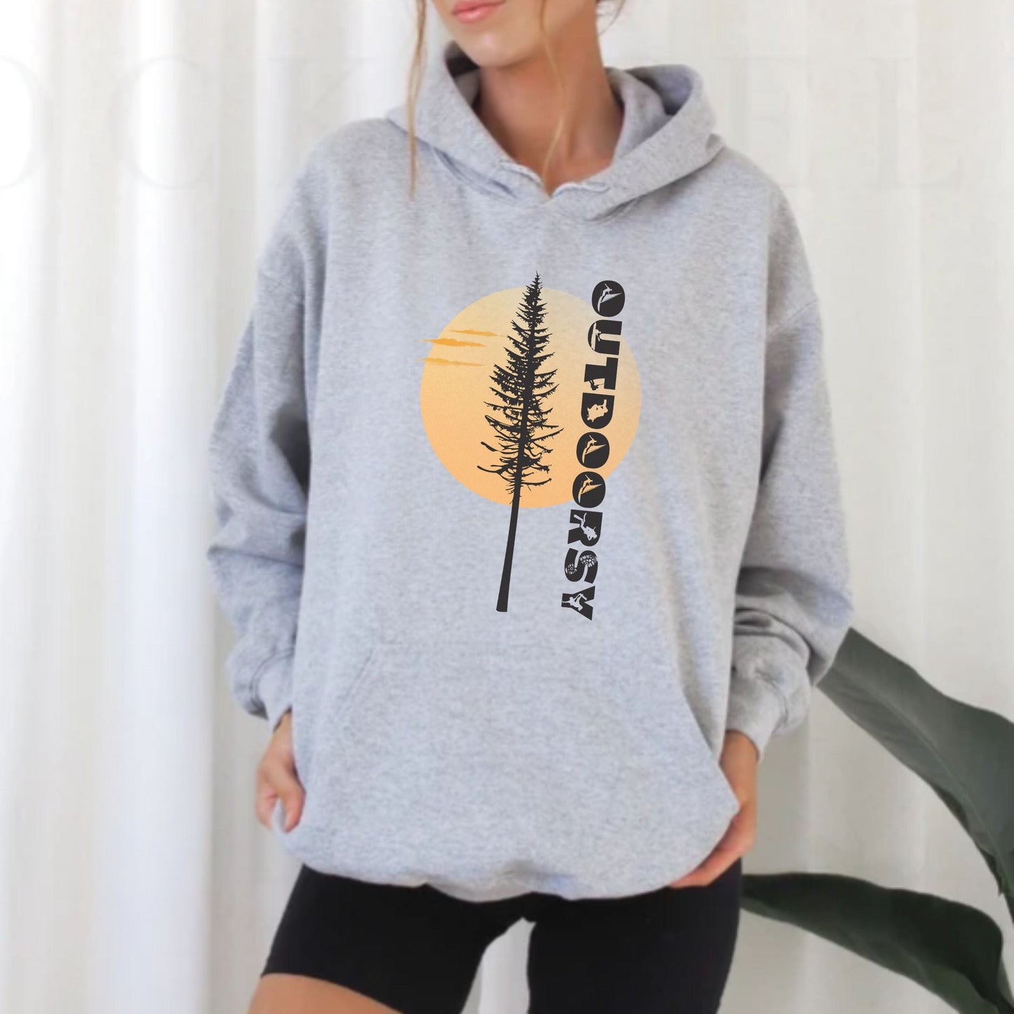 Outdoorsy Hoodie - Pine Tree Sunrise Design, Softstyle Hoodie