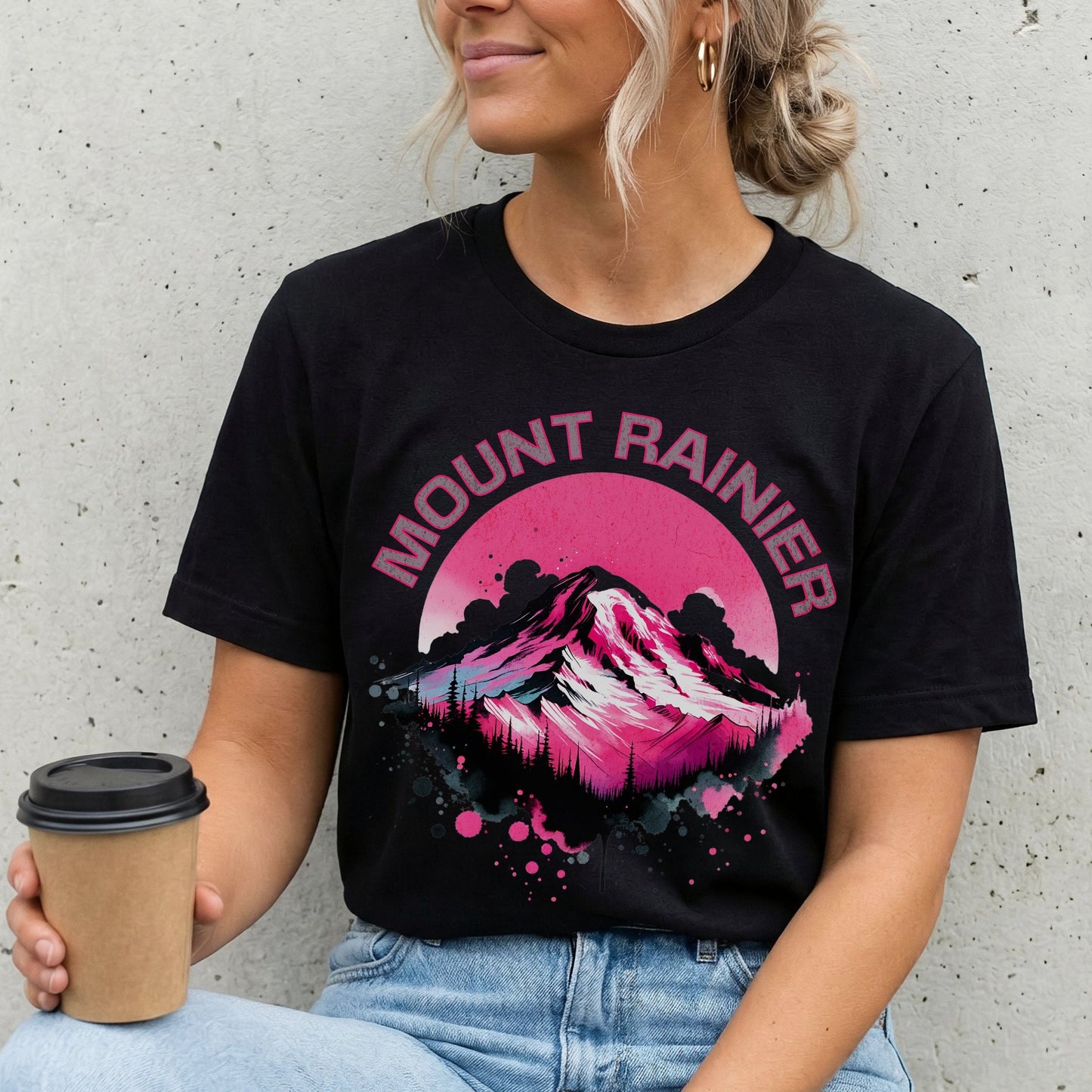 Mount Rainier Pink Sunset Graphic Tee | Retro Washington Mountain Shirt