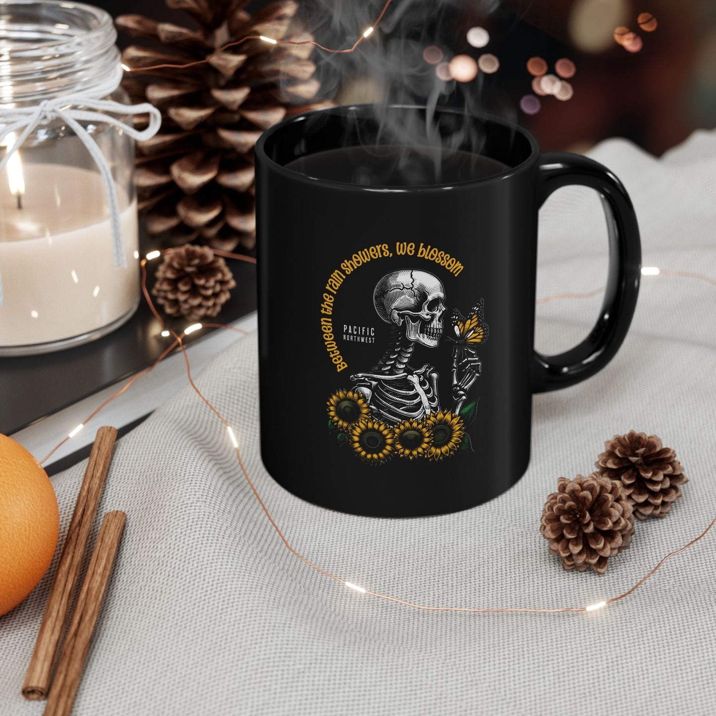 PNW Sunflower Skeleton, Black Mug (11oz, 15oz)