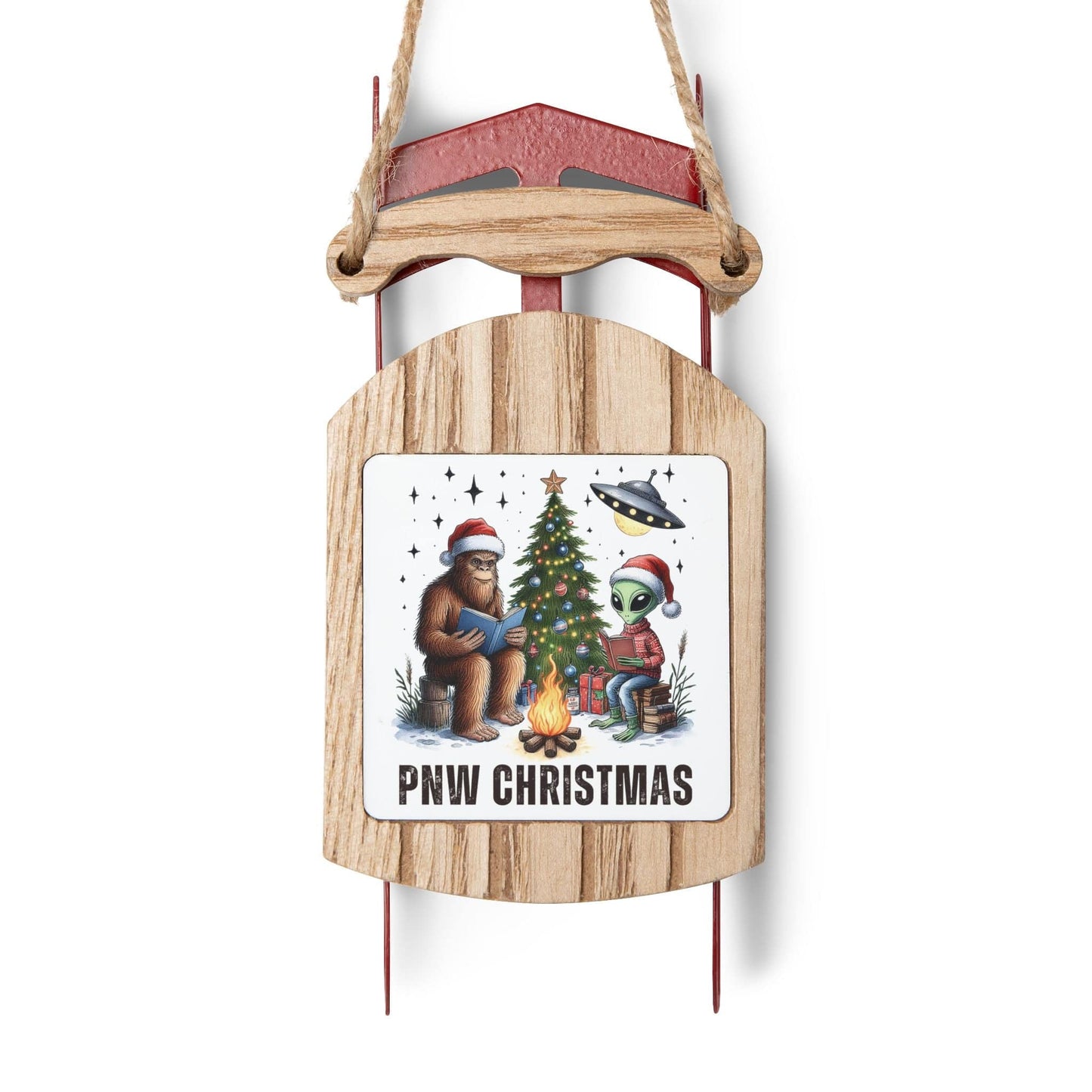 PNW Christmas, Bigfoot and Alien Campfire Sled Ornament