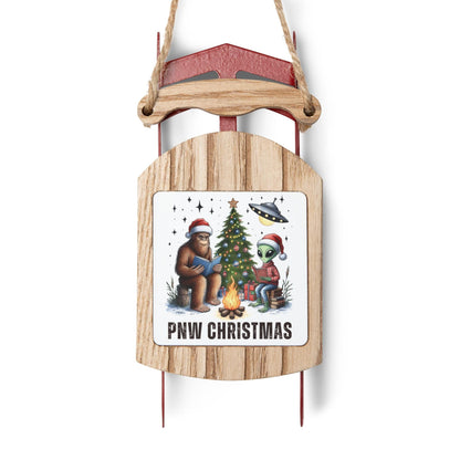 PNW Christmas, Bigfoot and Alien Campfire Sled Ornament