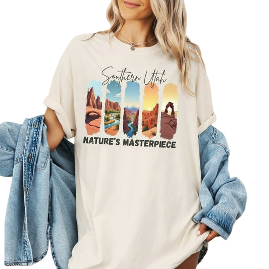Person wearing a white sweatshirt with 'Southern Utah Nature's Masterpiece' design
