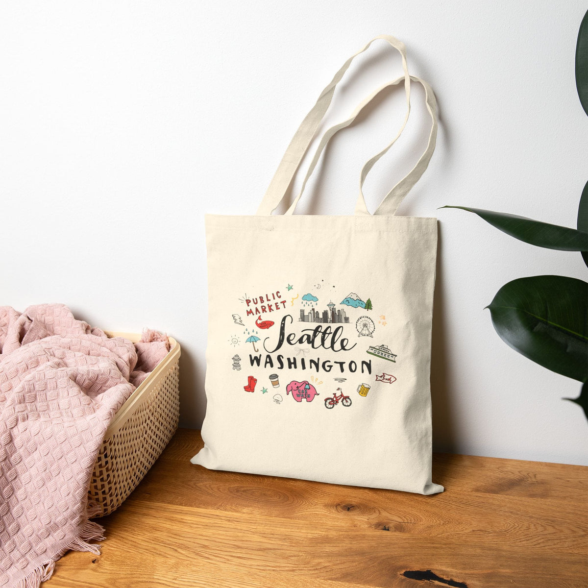 Seattle Washington Doodle Tote Bag | PNW Landmark Canvas Bag
