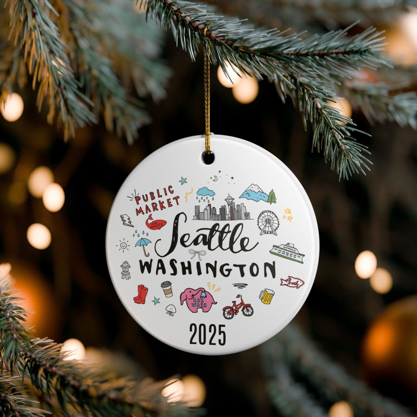 Seattle Doodles Ceramic Ornament — PNW Travel Gift
