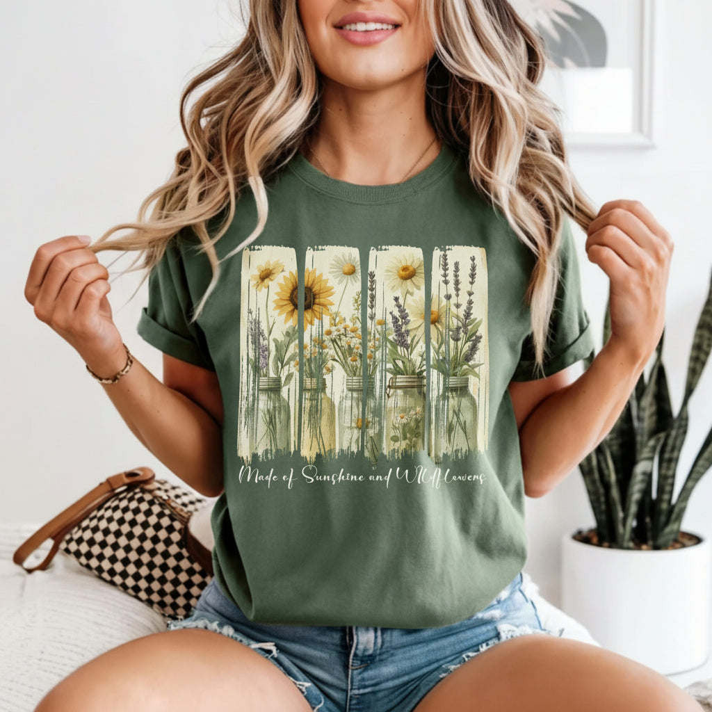 Woman wearing a green t-shirt with floral design and text, sitting indoors.