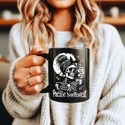Pacific Northwest Skeleton Coffee Girl, Black Mug (11oz, 15oz)