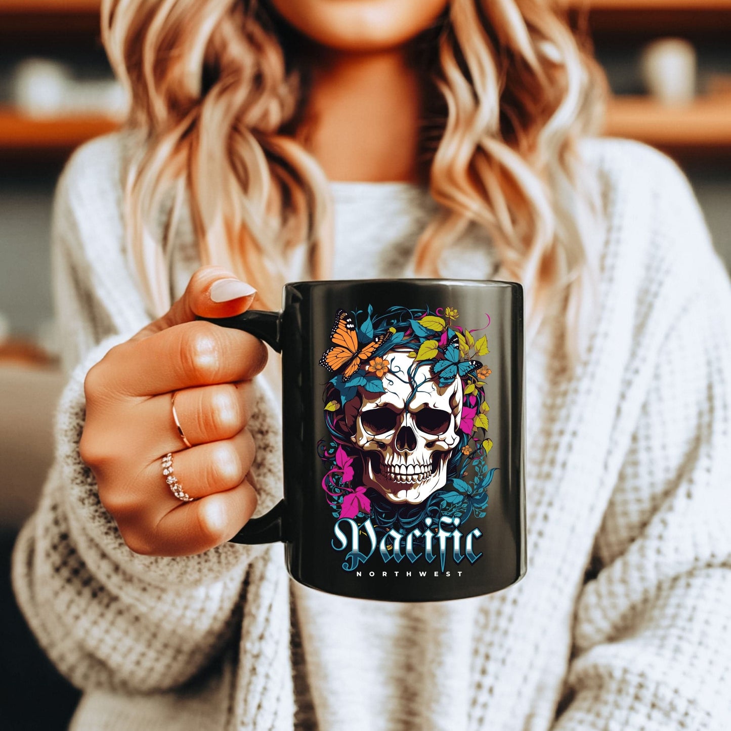PNW Floral Butterfly Black Mug (11oz, 15oz)