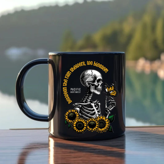 PNW Sunflower Skeleton, Black Mug (11oz, 15oz)