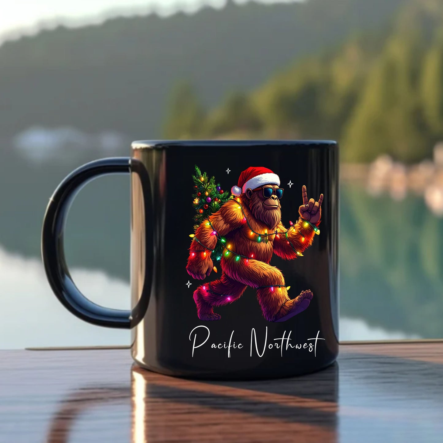 Pacific Northwest Bigfoot Santa, Black Mug (11oz, 15oz)