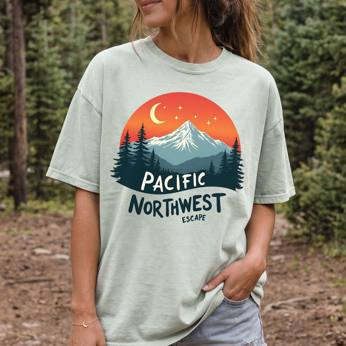 PNW Celestial Mountain Graphic Tee | Retro Outdoorsy T-Shirt
