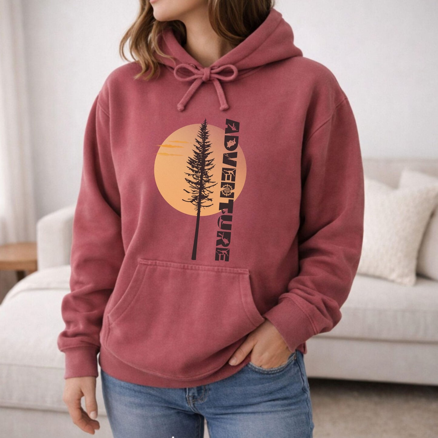 Adventure Pine Tree Sunrise Comfort Colors Hoodie | Vintage Wash Outdoor Pullover