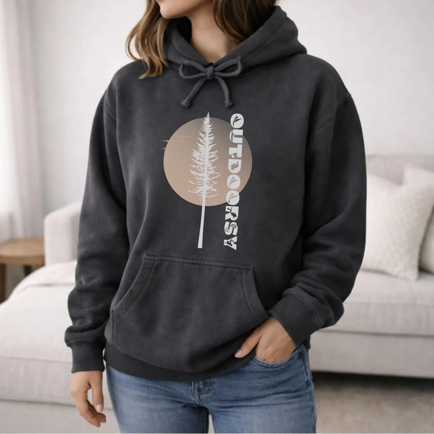 Outdoorsy Pine Tree Sunrise Comfort Colors Hoodie | Vintage Wash Nature Sweatshirt