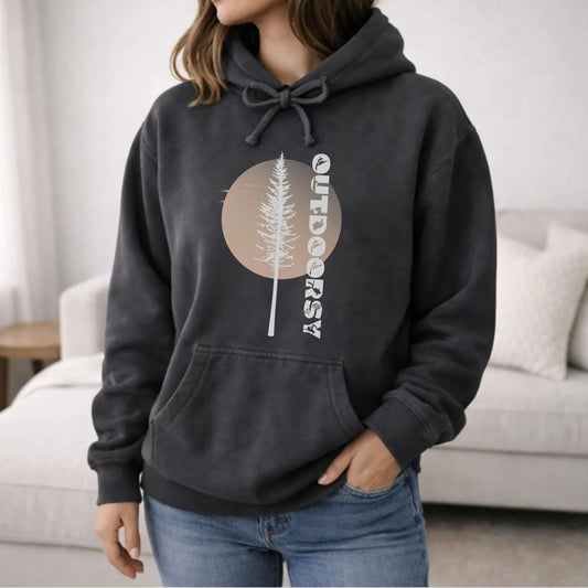Outdoorsy Pine Tree Sunrise Comfort Colors Hoodie | Vintage Wash Nature Sweatshirt