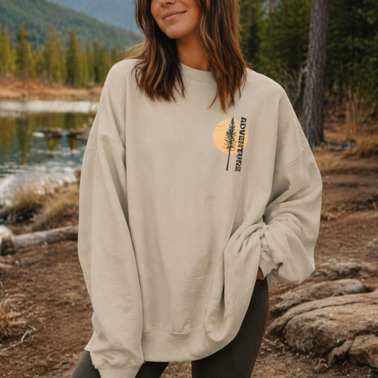 Adventure Pine Tree Sunrise Crewneck Sweatshirt | Cozy Outdoor Camping Pullover