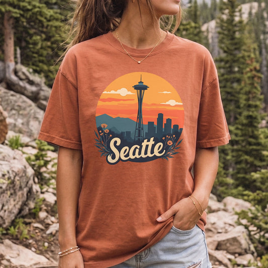 Retro Sunny Seattle Sunset Graphic Tee | Vintage Skyline Shirt