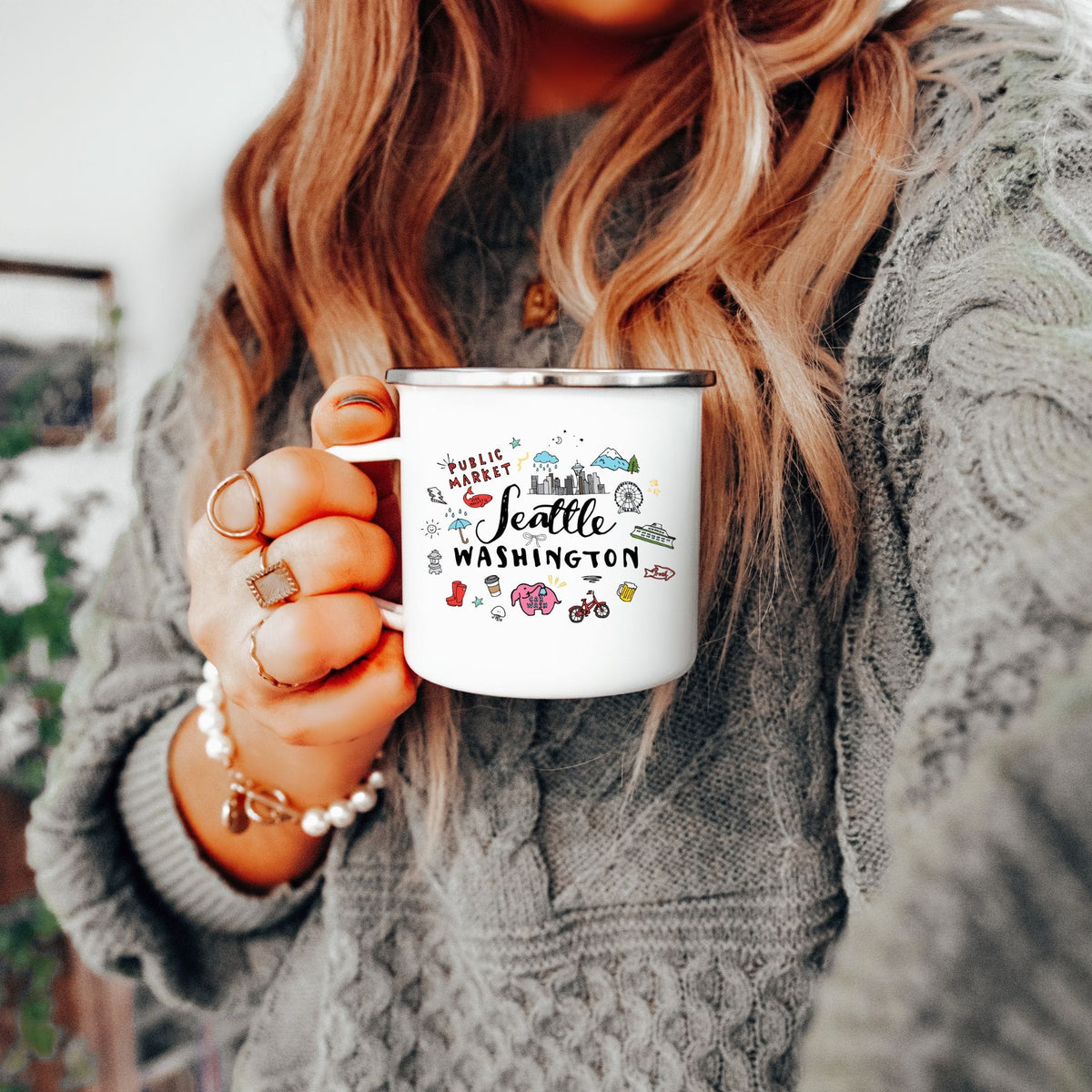 Seattle Washington Doodles Enamel Camp Mug | PNW Travel Souvenir Gift