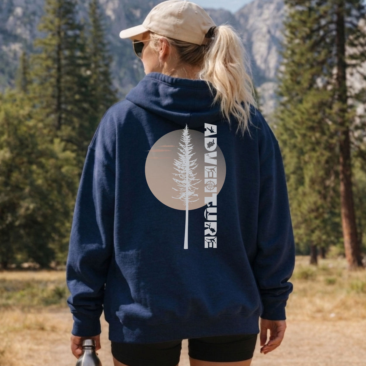 Adventure Back Print Hoodie | Pine Tree Sunset Outdoor Sweatshirt