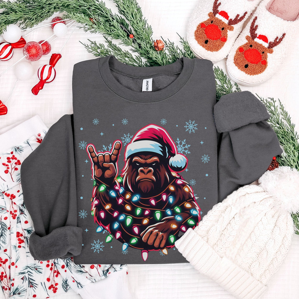 Bigfoot Christmas Lights Sweatshirt | Funny Sasquatch Holiday Crewneck