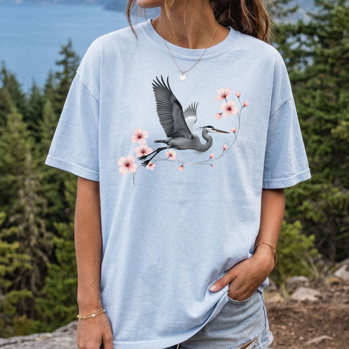 Heron & Cherry Blossom Comfort Colors Tee | Nature Graphic Shirt