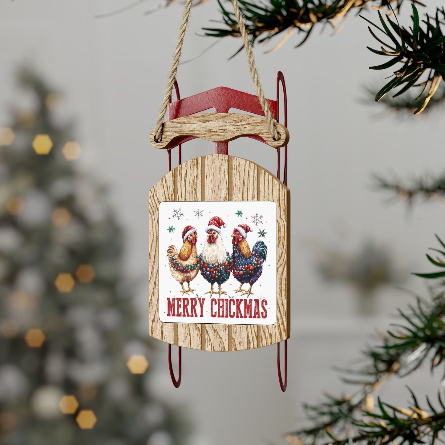 Merry Chickmas, Chicken Holiday Sled Ornament for Chicken Lovers