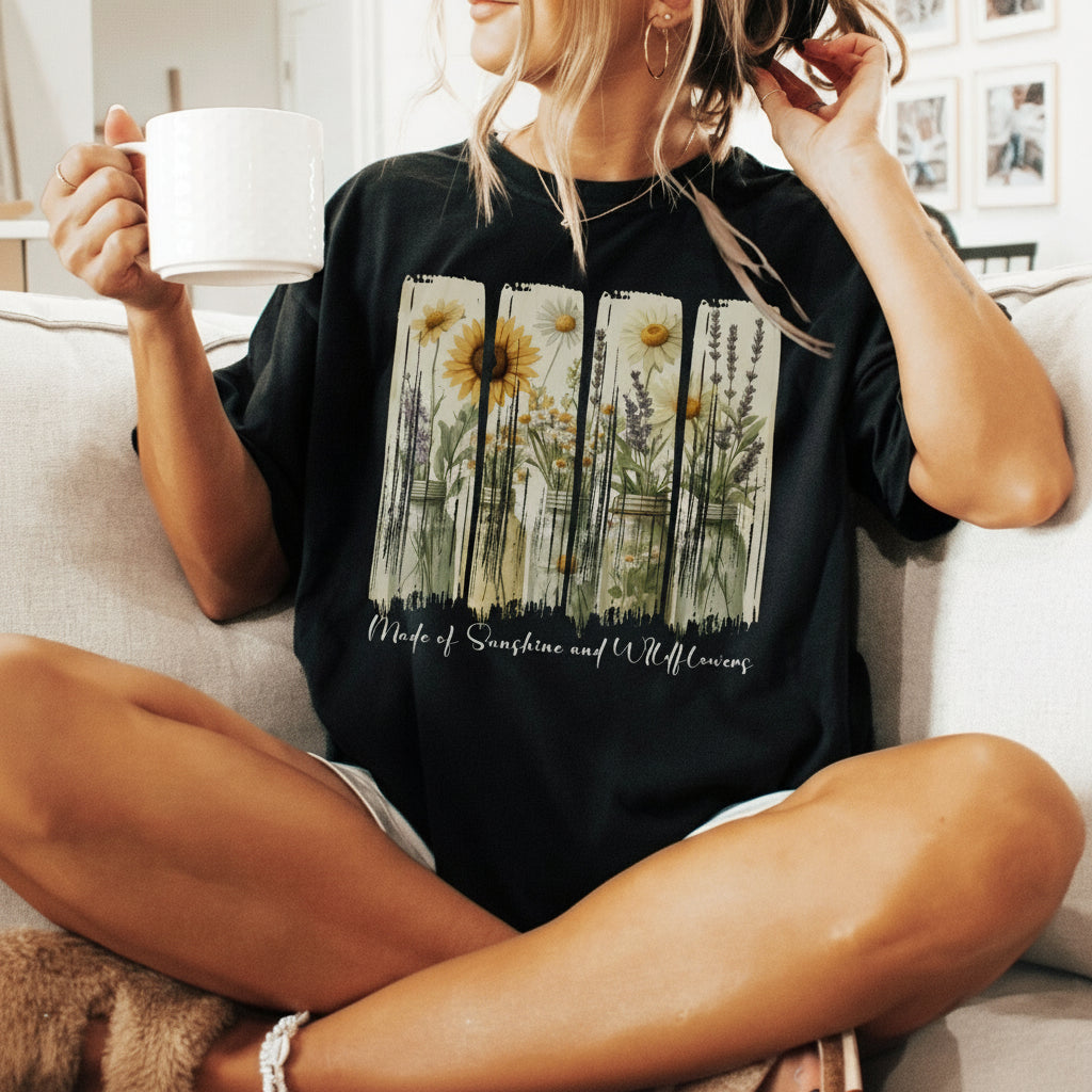 Person wearing a black t-shirt with floral design and text, sitting on a couch.