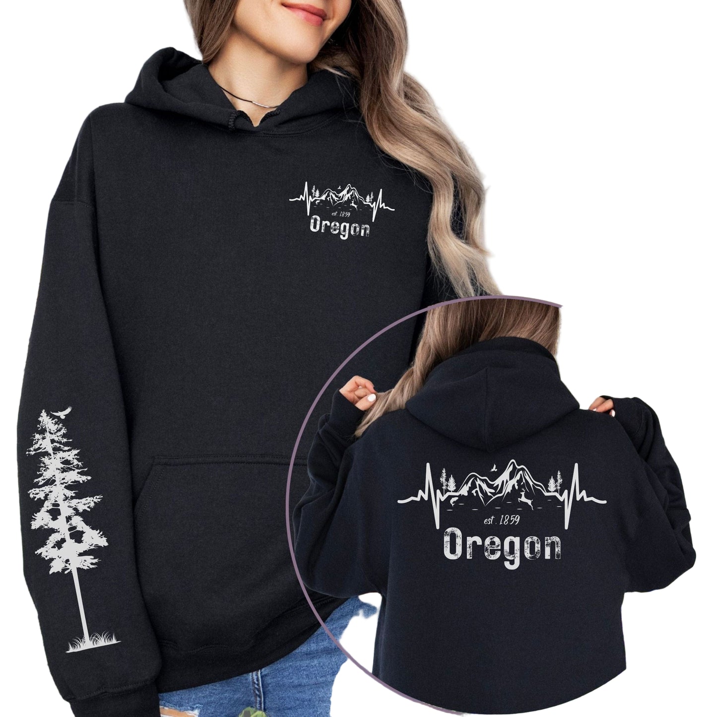 A black hoodie with 'Oregon' and a heartbeat line design, on the front and back and a pine tree on the sleeve.