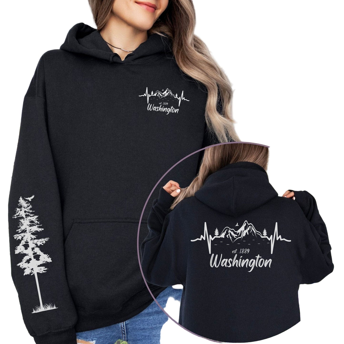 A blue softstyle hoodie with 'Washington' and a heartbeat line design on the front, featuring a kangaroo pouch pocket, displayed in a scenic background.