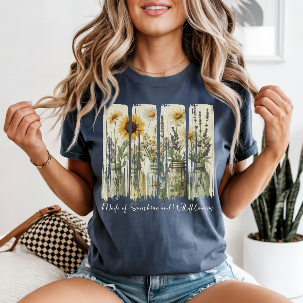 Woman wearing a denim blue t-shirt with floral design and text, sitting on a couch.