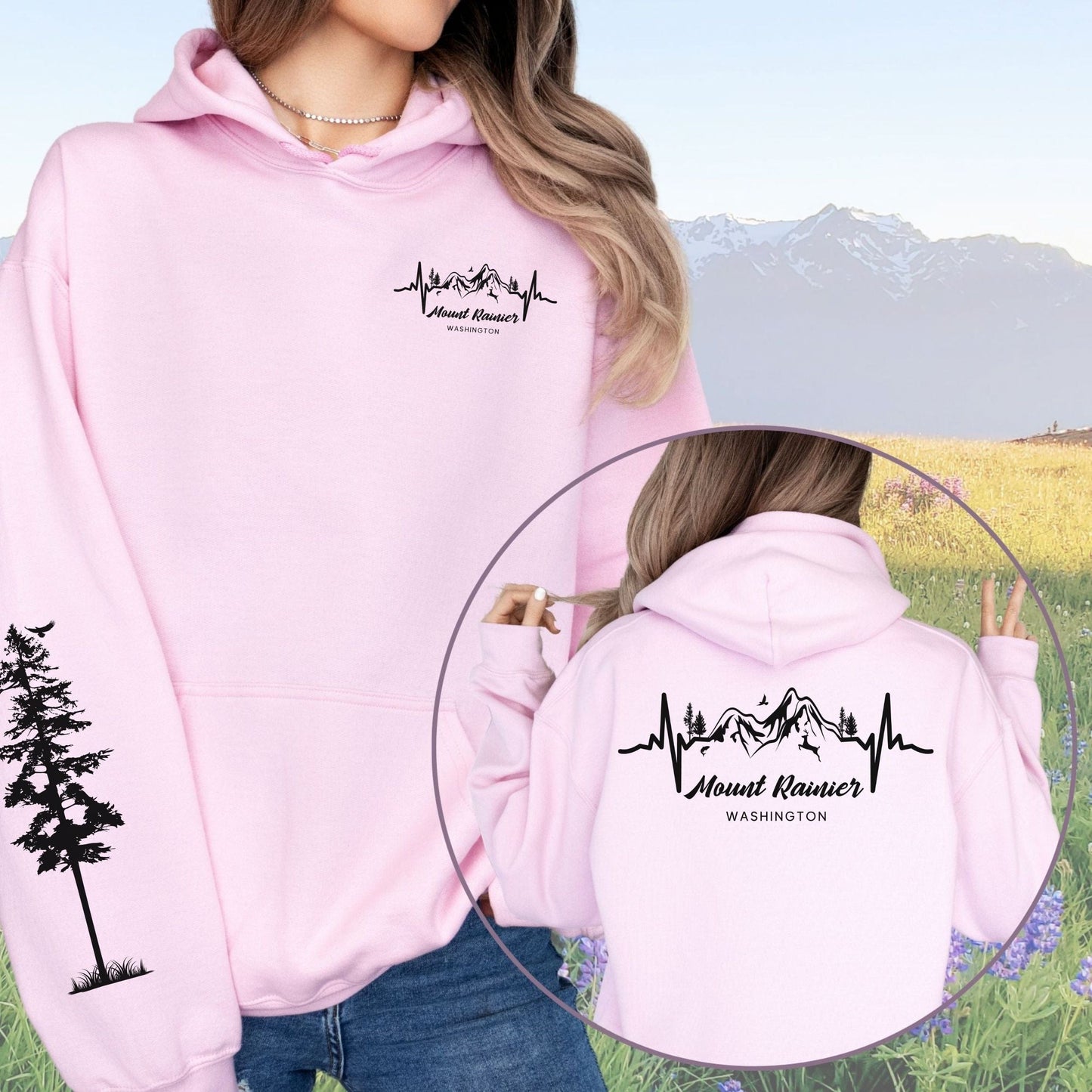Mount Rainier Heartbeat with Pine Tree Sleeve, Softstyle Hoodie