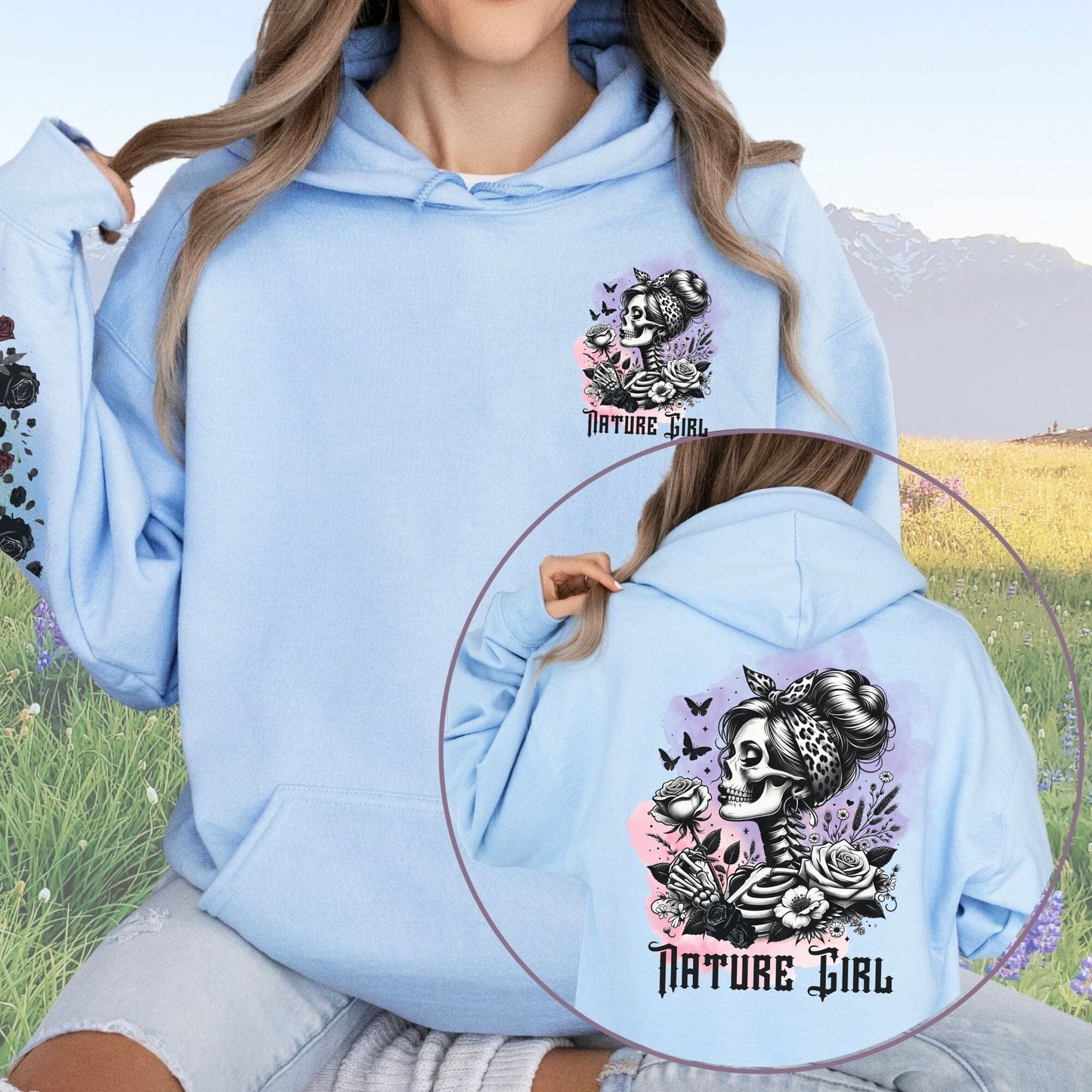 Skeleton Nature Girl with Sleeve Design, Softstyle Hoodie