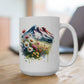 White mug with a mountain and floral design on a wooden surface