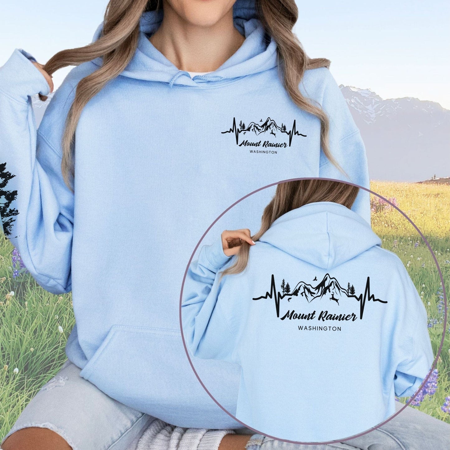 Mount Rainier Heartbeat with Pine Tree Sleeve, Softstyle Hoodie