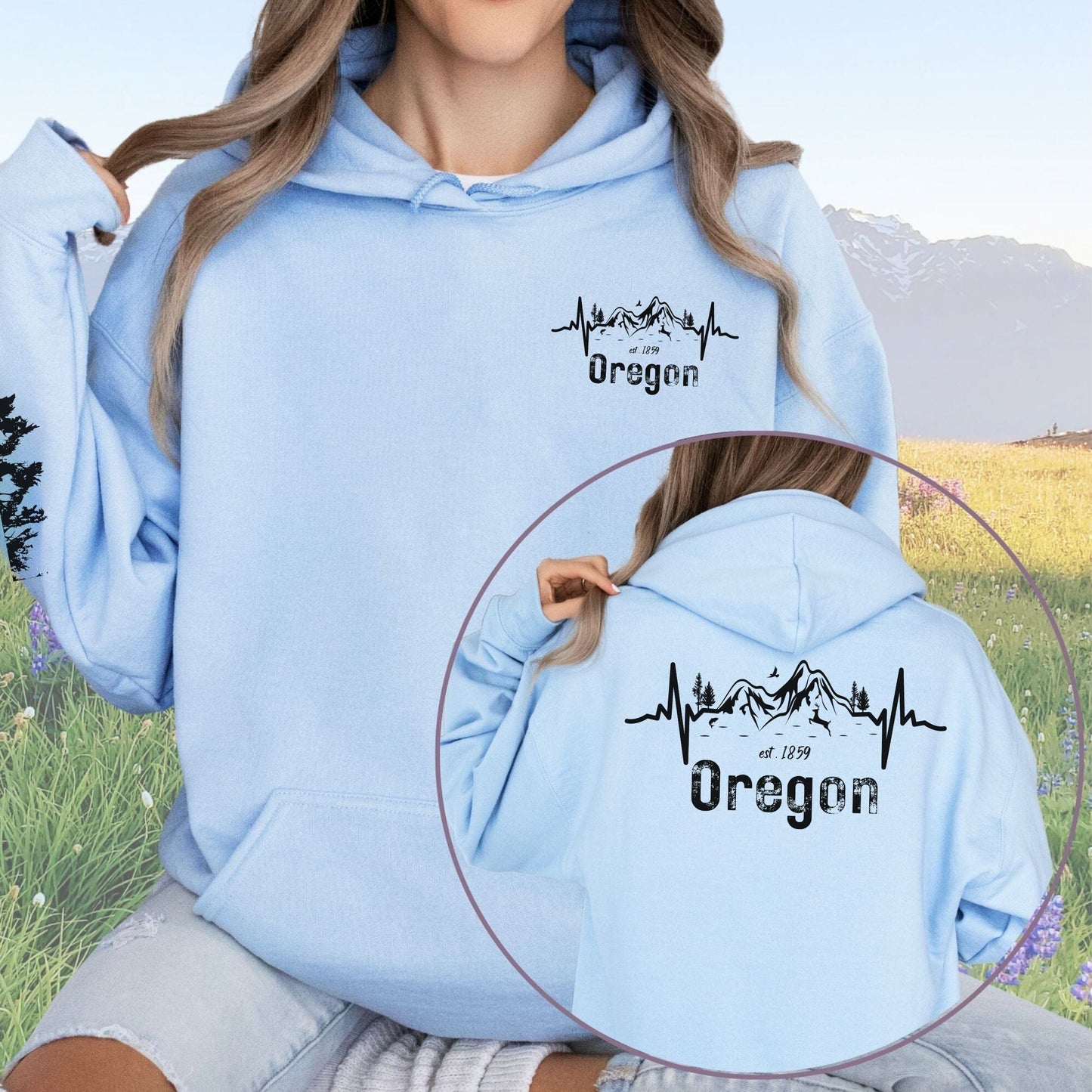 Oregon Mountains Heartbeat with Sleeve Design, Softstyle Hoodie