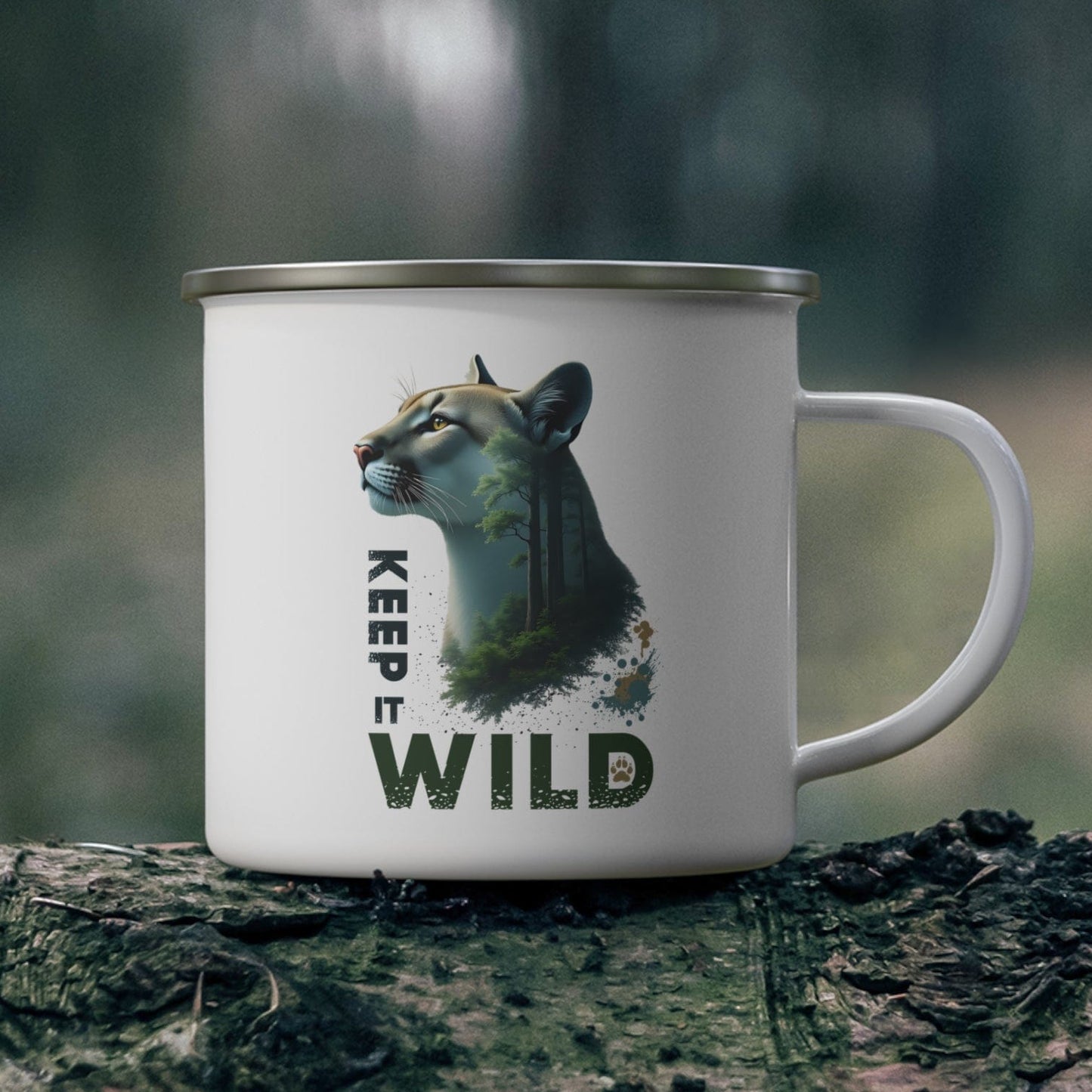 Mug with a zebra design and 'Keep Wild' text on a forest background